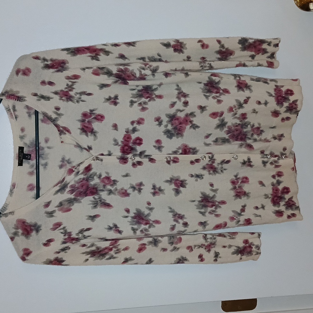 Talbots Cream and Purple Rose Floral Cardigan, Size S